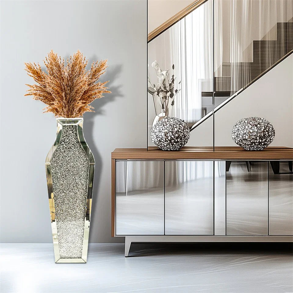 Sparkling Crushed Diamond Mirrored Floor Vase Tall Silver Glass Fake Flower Vase