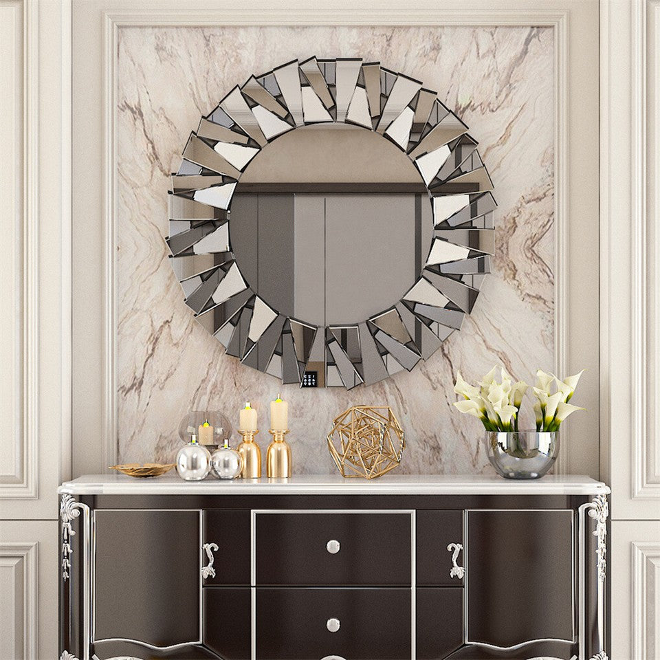 Silver Sunburst Round Wall Mirror with Stereoscopic Glass Frame, 79 x 79cm