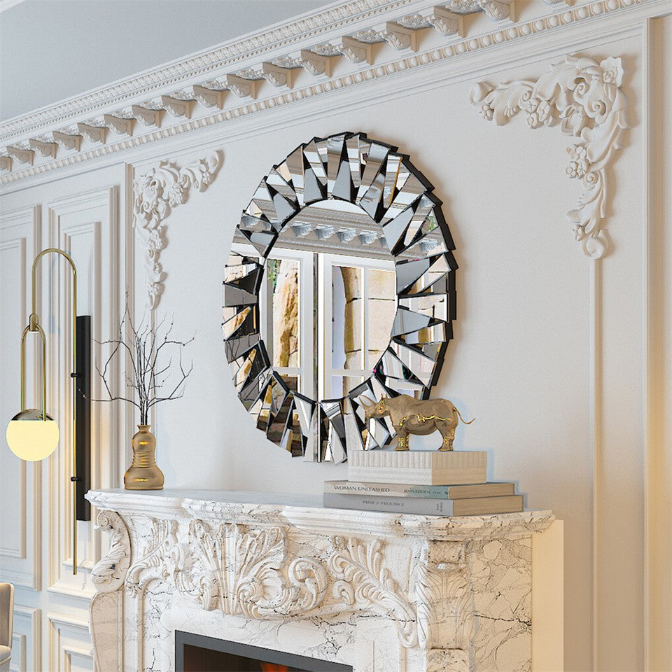 Silver Sunburst Round Wall Mirror with Stereoscopic Glass Frame, 79 x 79cm