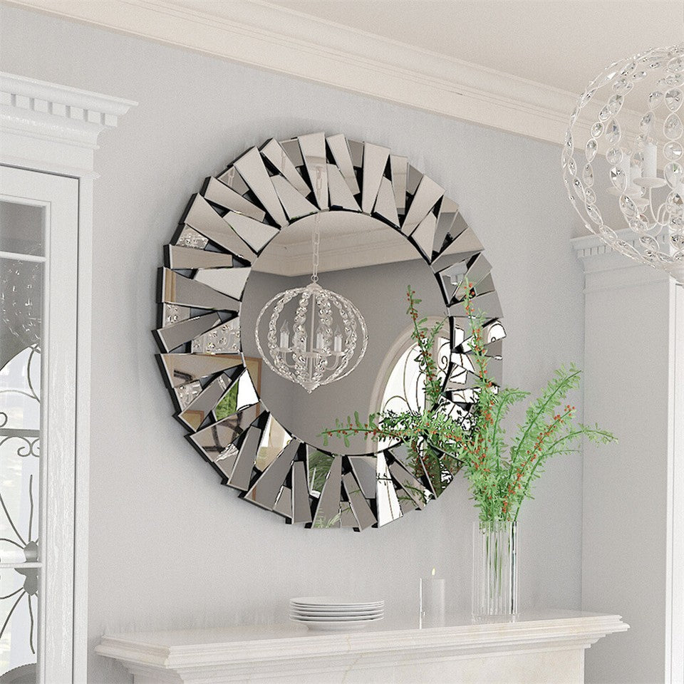 Silver Sunburst Round Wall Mirror with Stereoscopic Glass Frame, 79 x 79cm