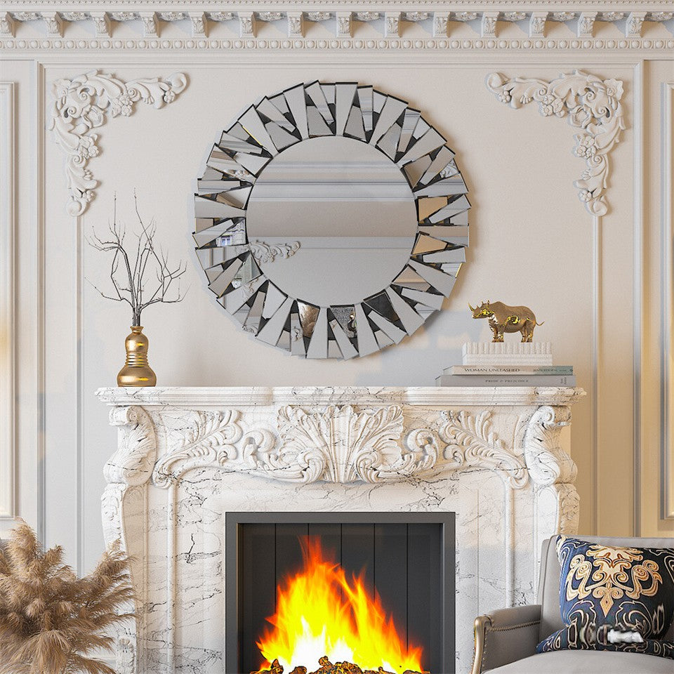 Silver Sunburst Round Wall Mirror with Stereoscopic Glass Frame, 79 x 79cm