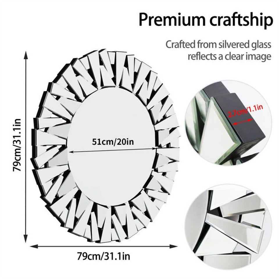 Silver Sunburst Round Wall Mirror with Stereoscopic Glass Frame, 79 x 79cm