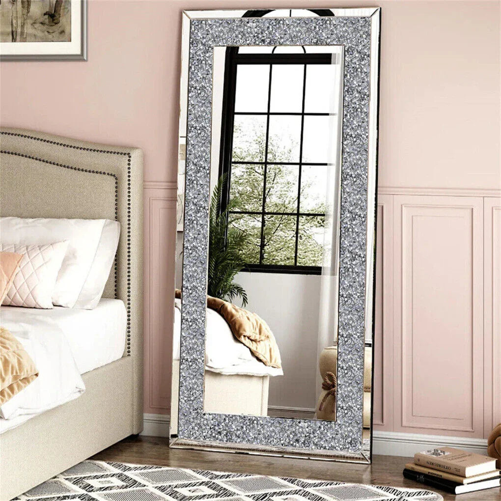 XXXL Crushed Crystal Diamond Wall Mirror – 120×60cm, Silver, Full Length