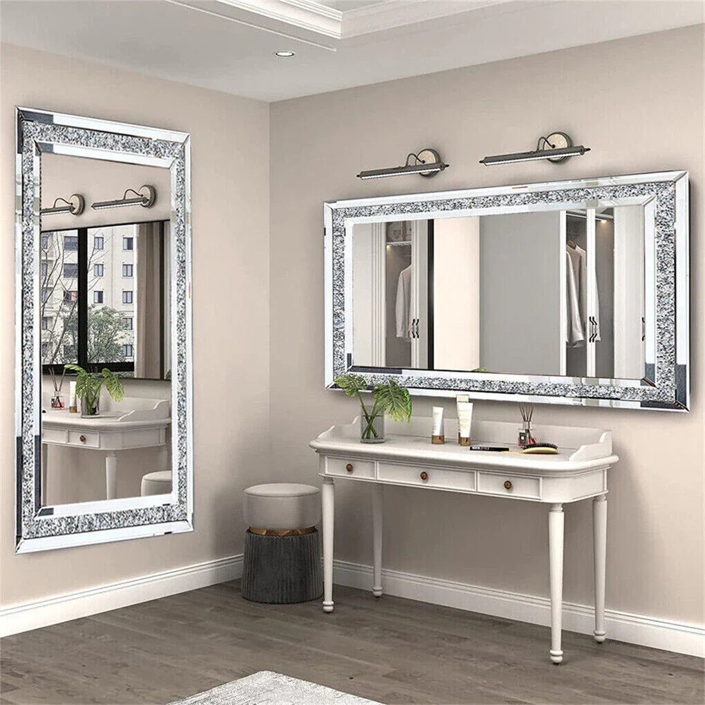 XXXL Crushed Crystal Diamond Wall Mirror – 120×60cm, Silver, Full Length