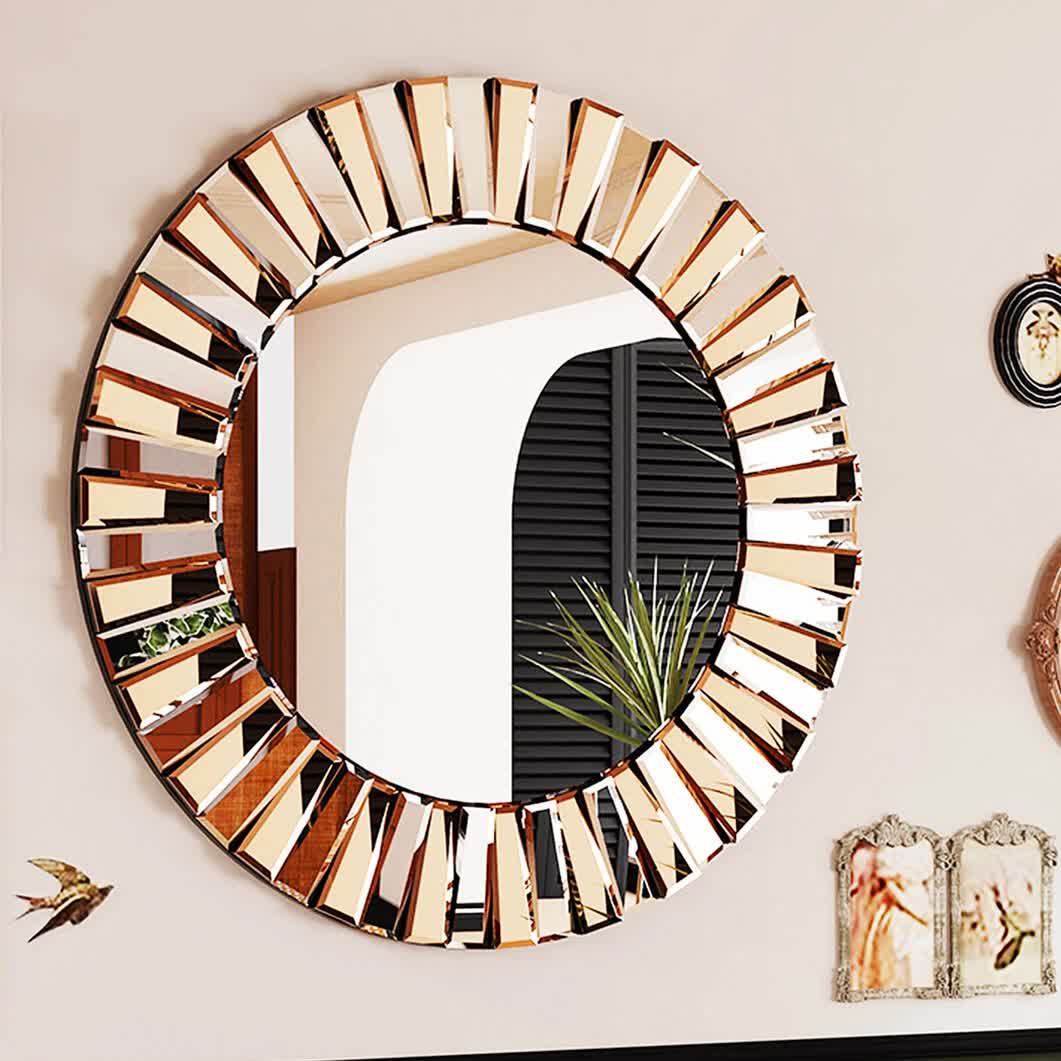 Silver and Tawny Round Sunburst Mirror with Beveled Glass, Decorative Wall Accent