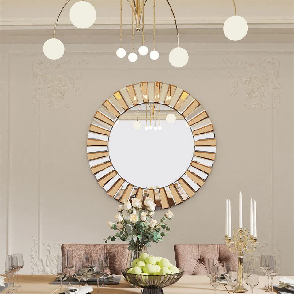Silver and Tawny Round Sunburst Mirror with Beveled Glass, Decorative Wall Accent