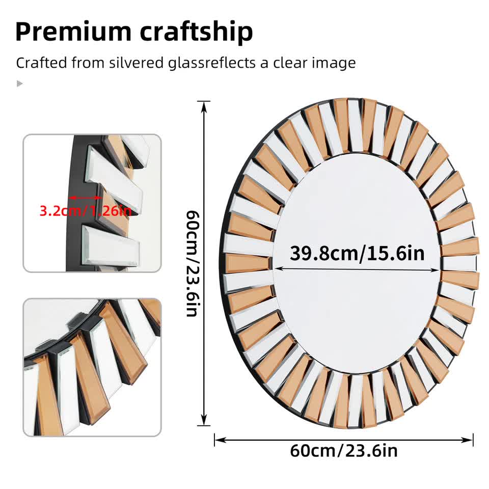 Silver and Tawny Round Sunburst Mirror with Beveled Glass, Decorative Wall Accent