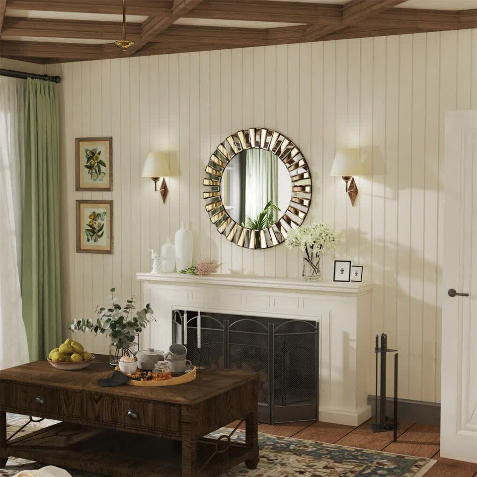 Silver and Tawny Round Sunburst Mirror with Beveled Glass, Decorative Wall Accent