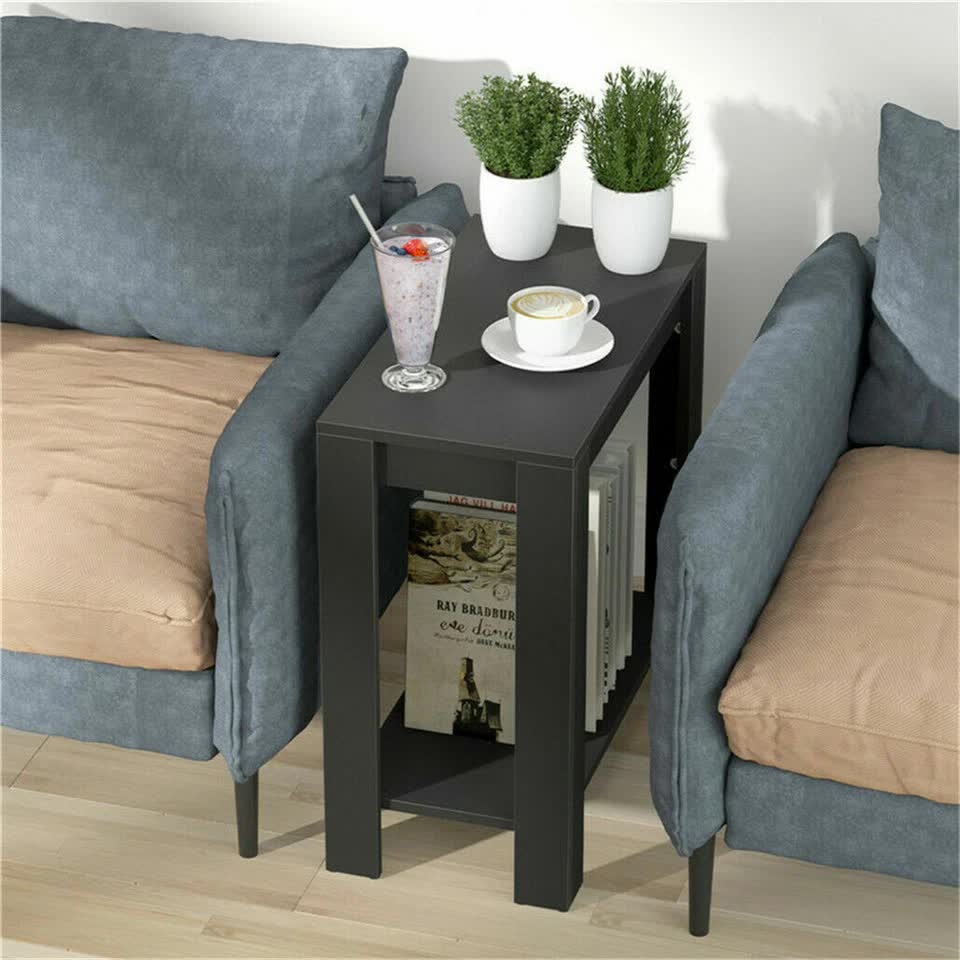 Rustic 2 Tier Side Table Open Accent Table Bedside Storage Slim Coffee End Table