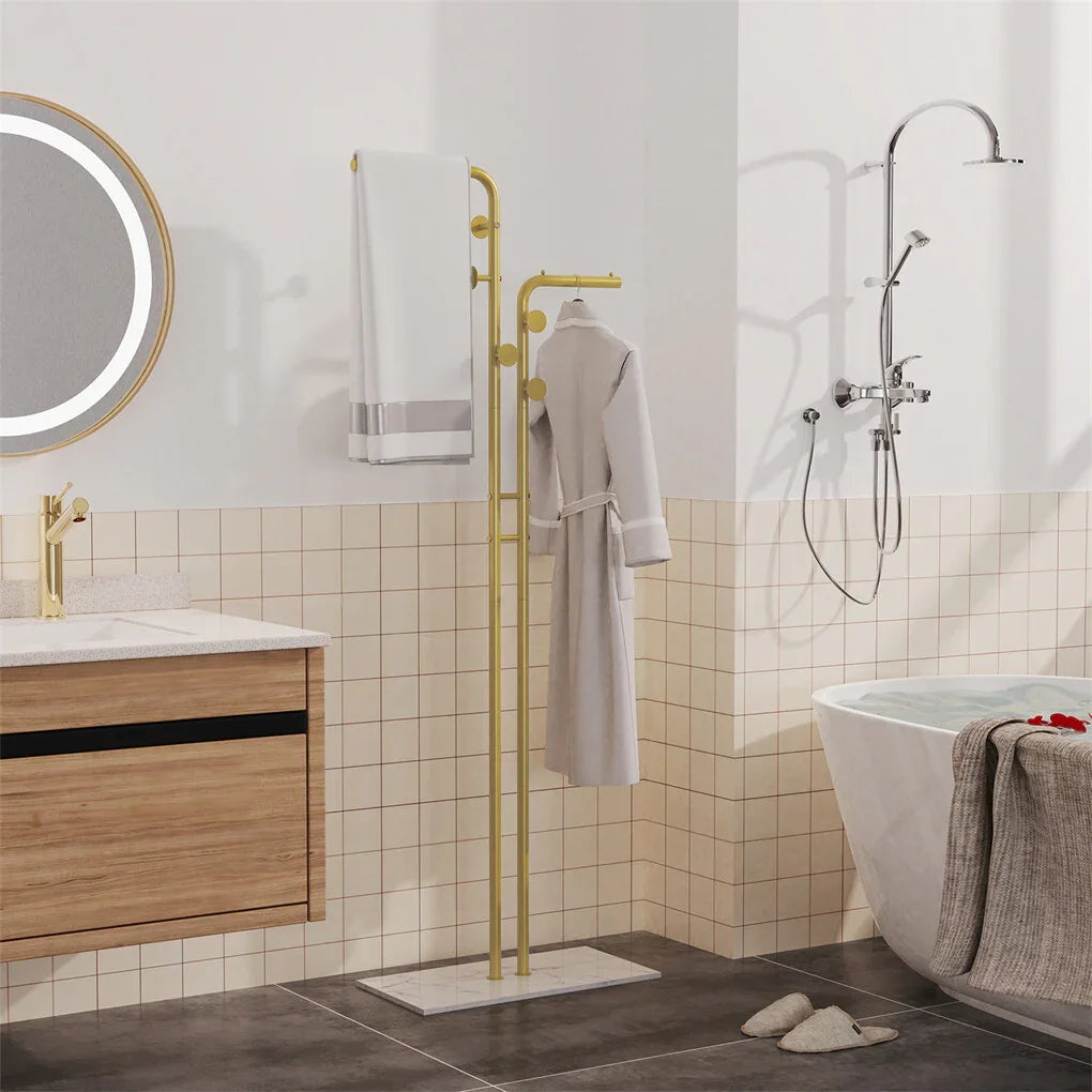 Double Pole Metal Coat Rack with Marble Base - Free Standing Clothes and Hat Stand AU