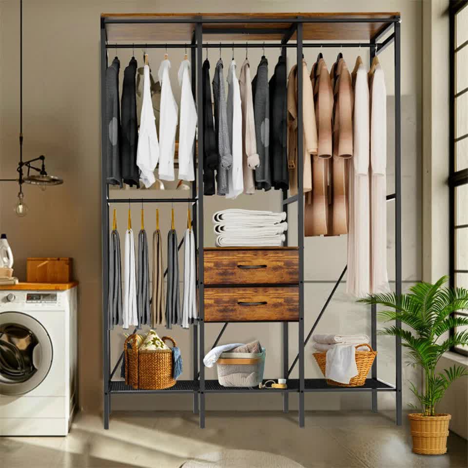 XXXL Large Open Wardrobe Closet - Freestanding Clothes Rail Rack with Curtains (AU)