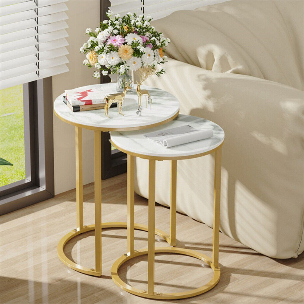 2Pcs Gold Marble Nesting Side End Tables Round Small Stacking Drink Coffee Table