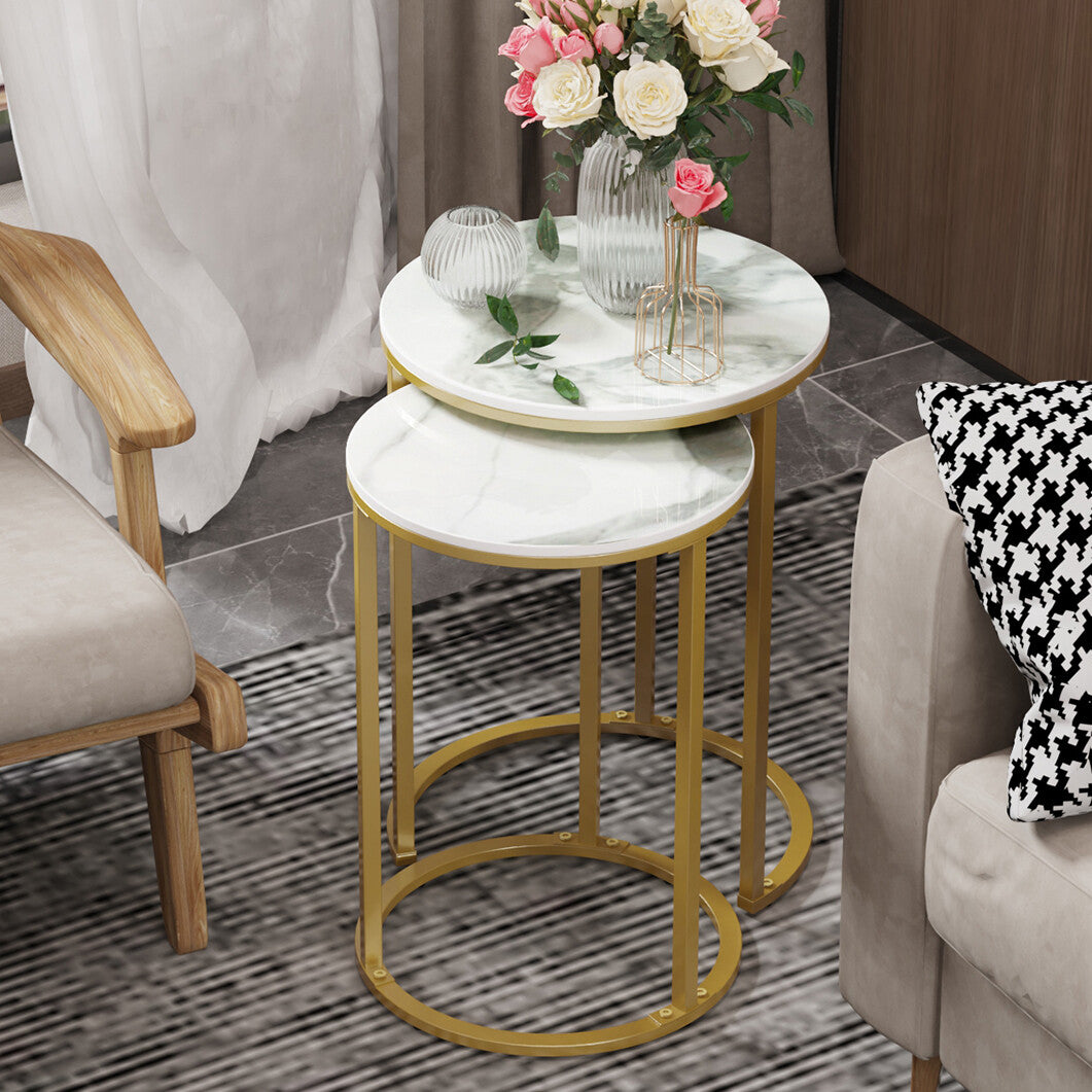 2Pcs Gold Marble Nesting Side End Tables Round Small Stacking Drink Coffee Table