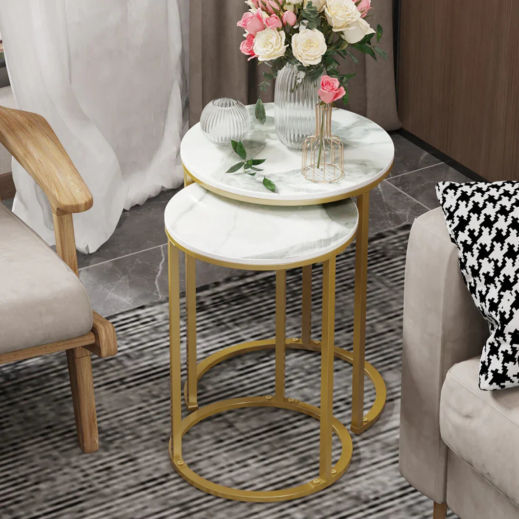 2Pcs Gold Marble Nesting Side End Tables Round Small Stacking Drink Coffee Table