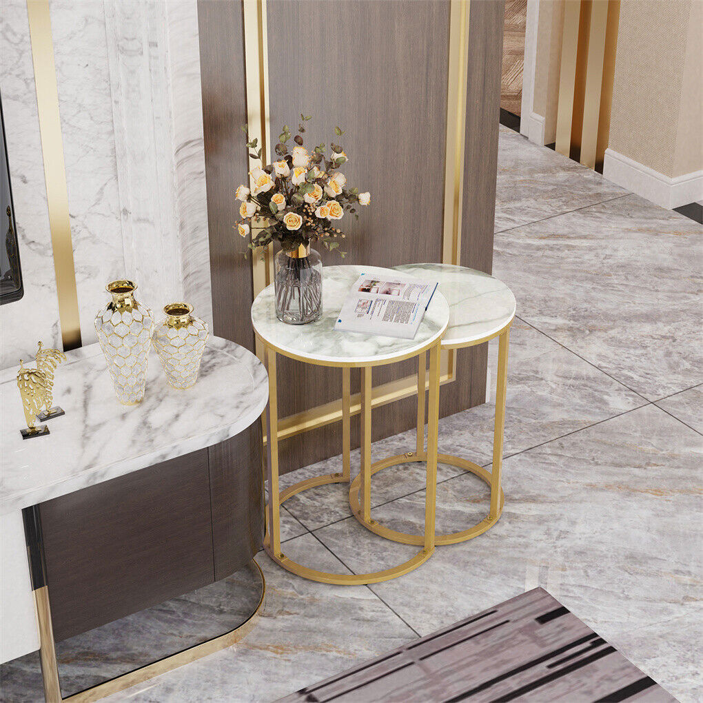 2Pcs Gold Marble Nesting Side End Tables Round Small Stacking Drink Coffee Table