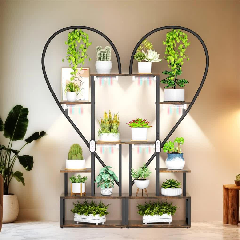 Black & Brown Heart-Shaped Plant Stand with USB Grow Lights for Indoor Plant Display