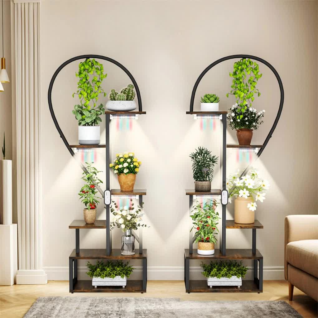 Black & Brown Heart-Shaped Plant Stand with USB Grow Lights for Indoor Plant Display