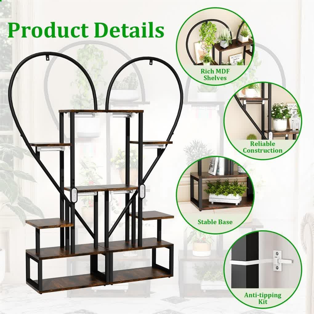 Black & Brown Heart-Shaped Plant Stand with USB Grow Lights for Indoor Plant Display