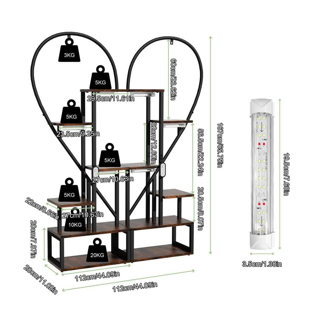 Black & Brown Heart-Shaped Plant Stand with USB Grow Lights for Indoor Plant Display