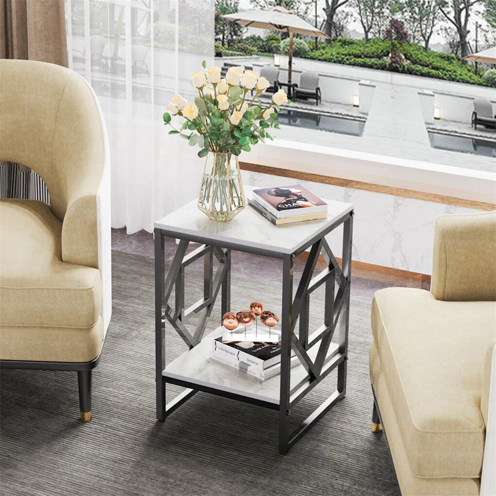 Sleek White Marble Side Table Sofa End Table Bedside Nightstand w Durable Frame