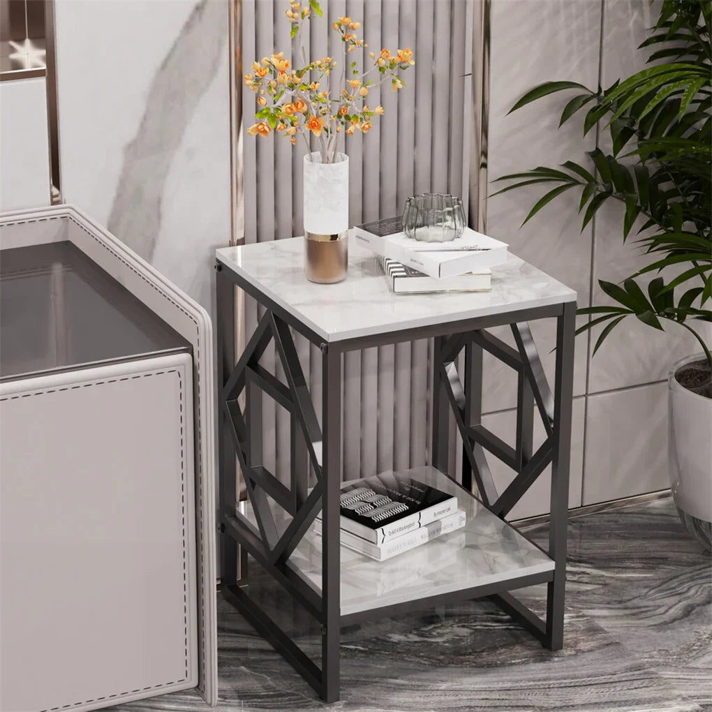 Sleek White Marble Side Table Sofa End Table Bedside Nightstand w Durable Frame