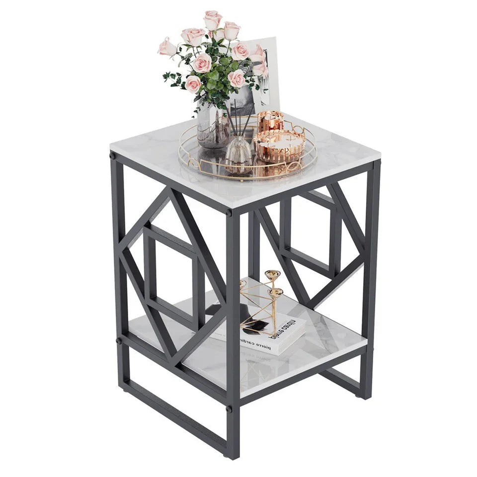 Sleek White Marble Side Table Sofa End Table Bedside Nightstand w Durable Frame