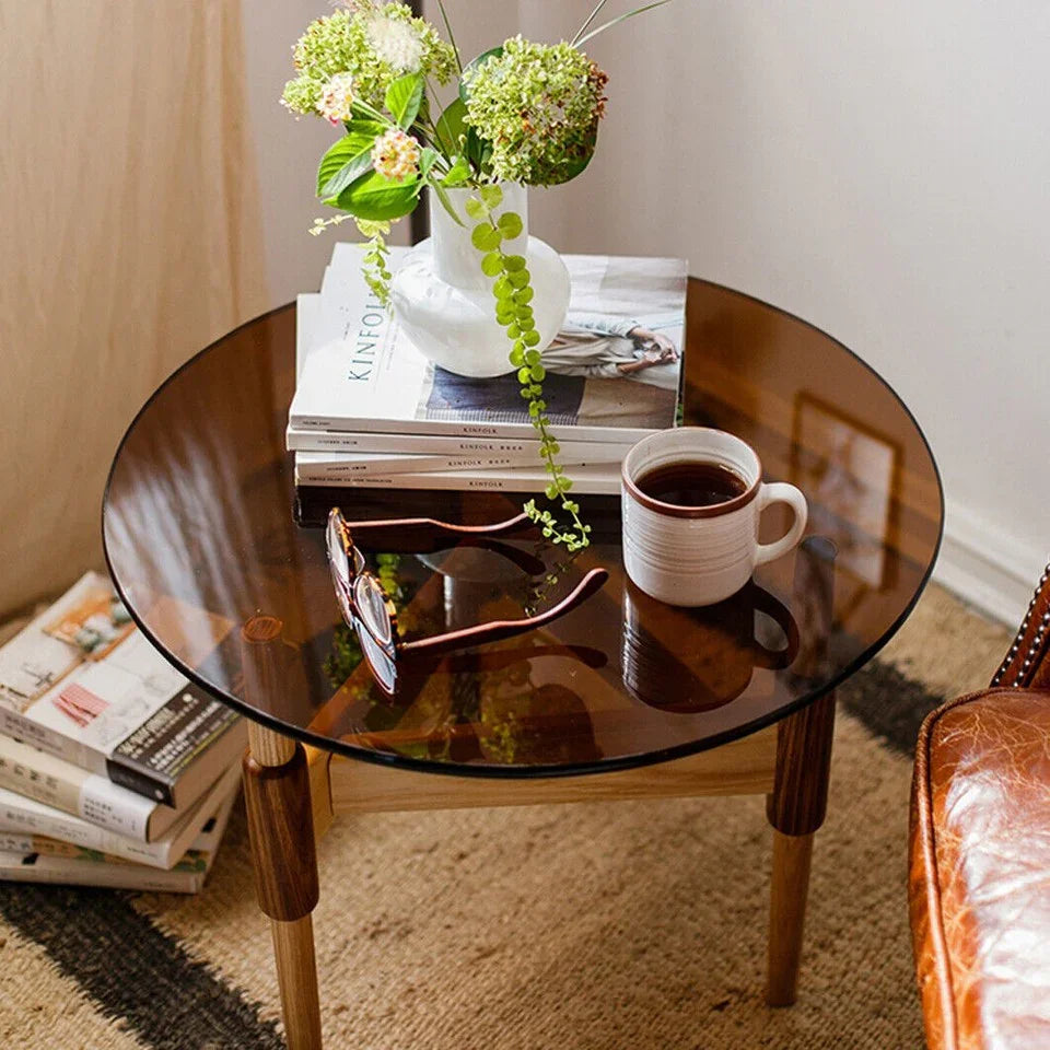 Modern Round Tempered Glass Coffee Table Sofa Side End Table Brown Tinted Metal Frame Living Room