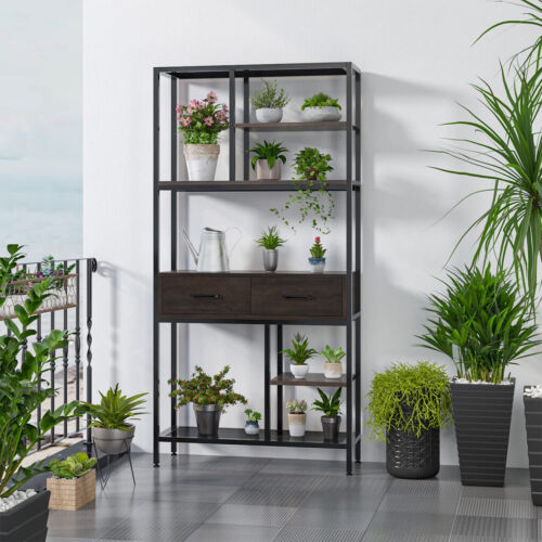 180Cm Tall Bookshelf With Drawers Industrial Bookcase W/ 6 Tiers Storage Shelves