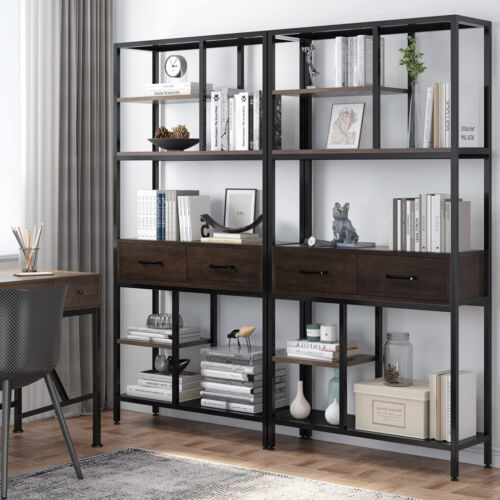 180Cm Tall Bookshelf With Drawers Industrial Bookcase W/ 6 Tiers Storage Shelves
