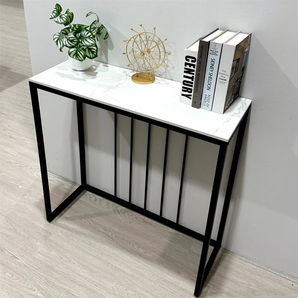 80cm White & Grey Sintered Stone Console Table Storage Table Behind Sofa W/ Black Metal Frame