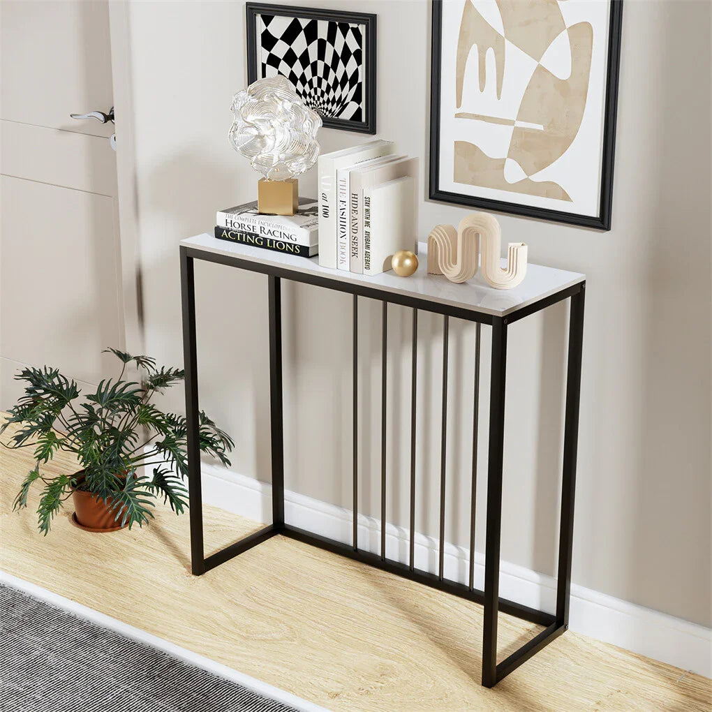 80cm White & Grey Sintered Stone Console Table Storage Table Behind Sofa W/ Black Metal Frame