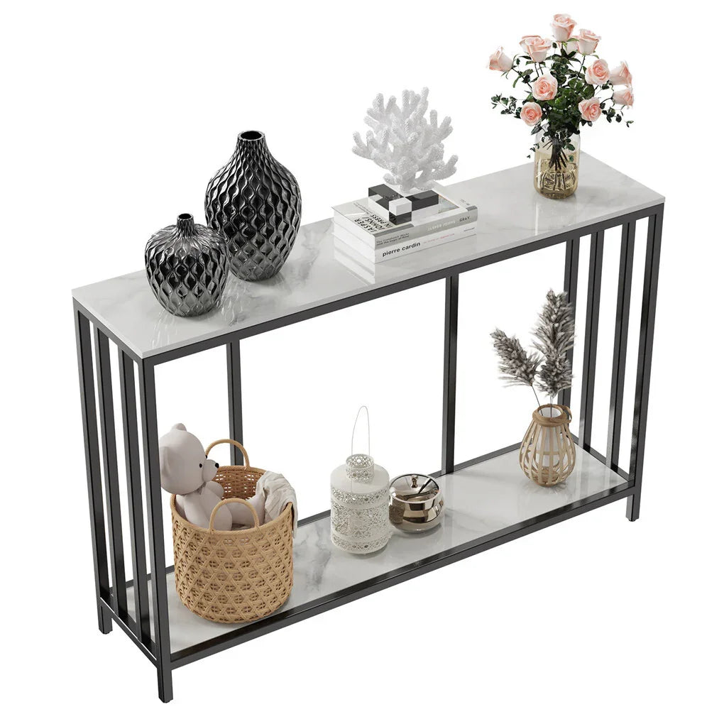 2-Tier White Marble Entryway Console Table Extra Long Foyer Couch Table