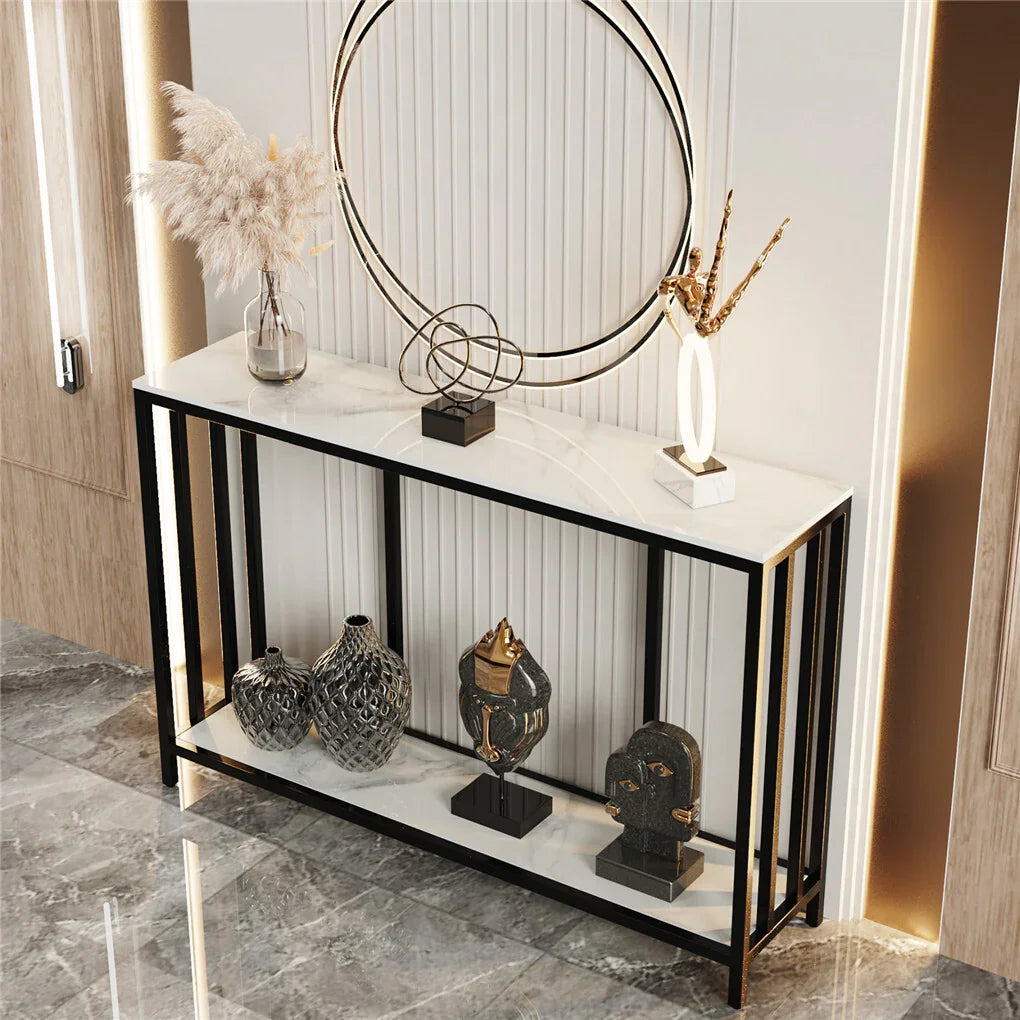 2-Tier White Marble Entryway Console Table Extra Long Foyer Couch Table