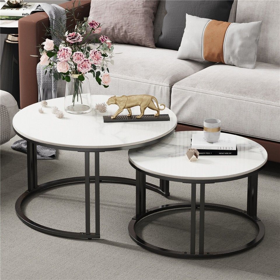 Round Nesting Coffee Table Set Sintered Stone Top Black Metal Frame