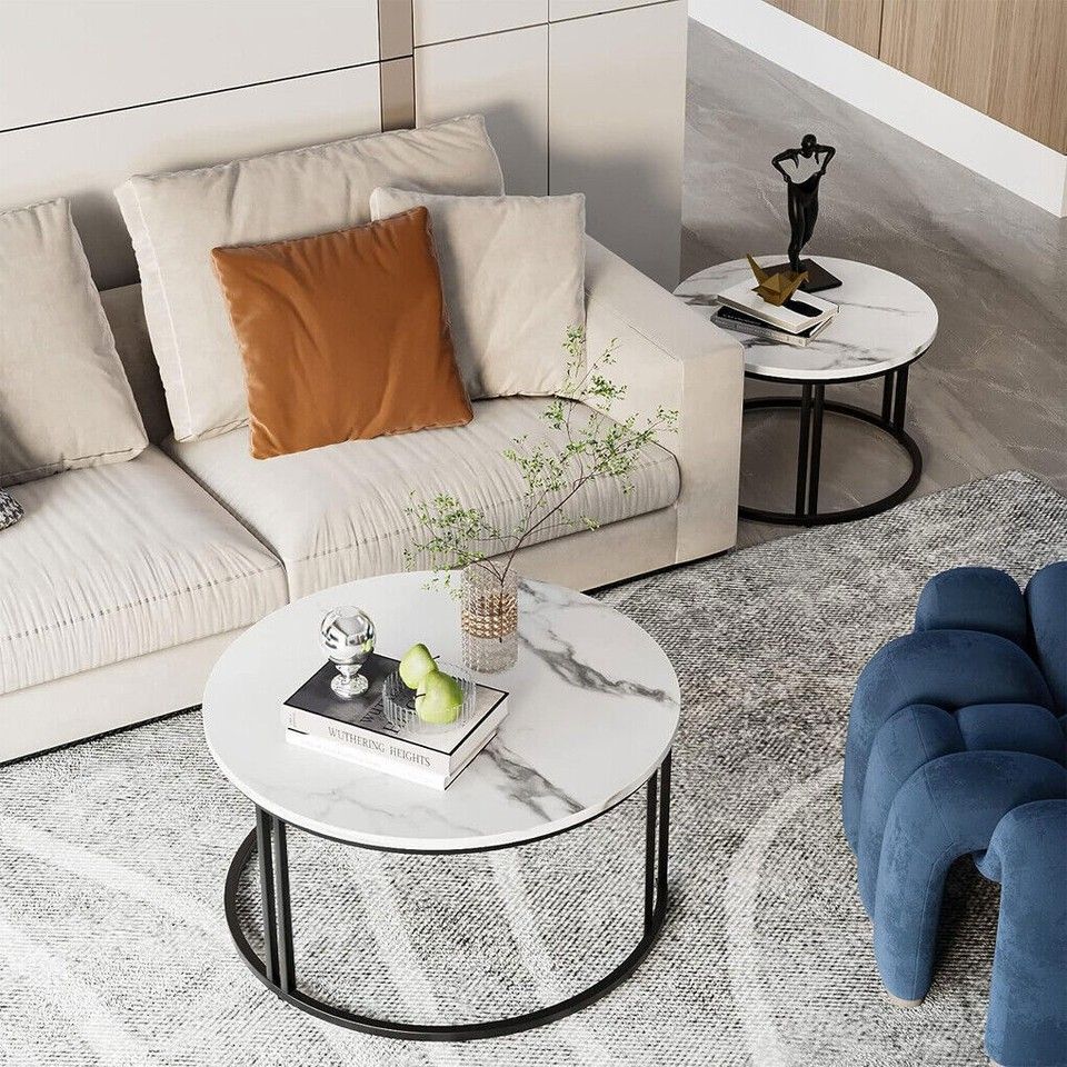 Round Nesting Coffee Table Set Sintered Stone Top Black Metal Frame