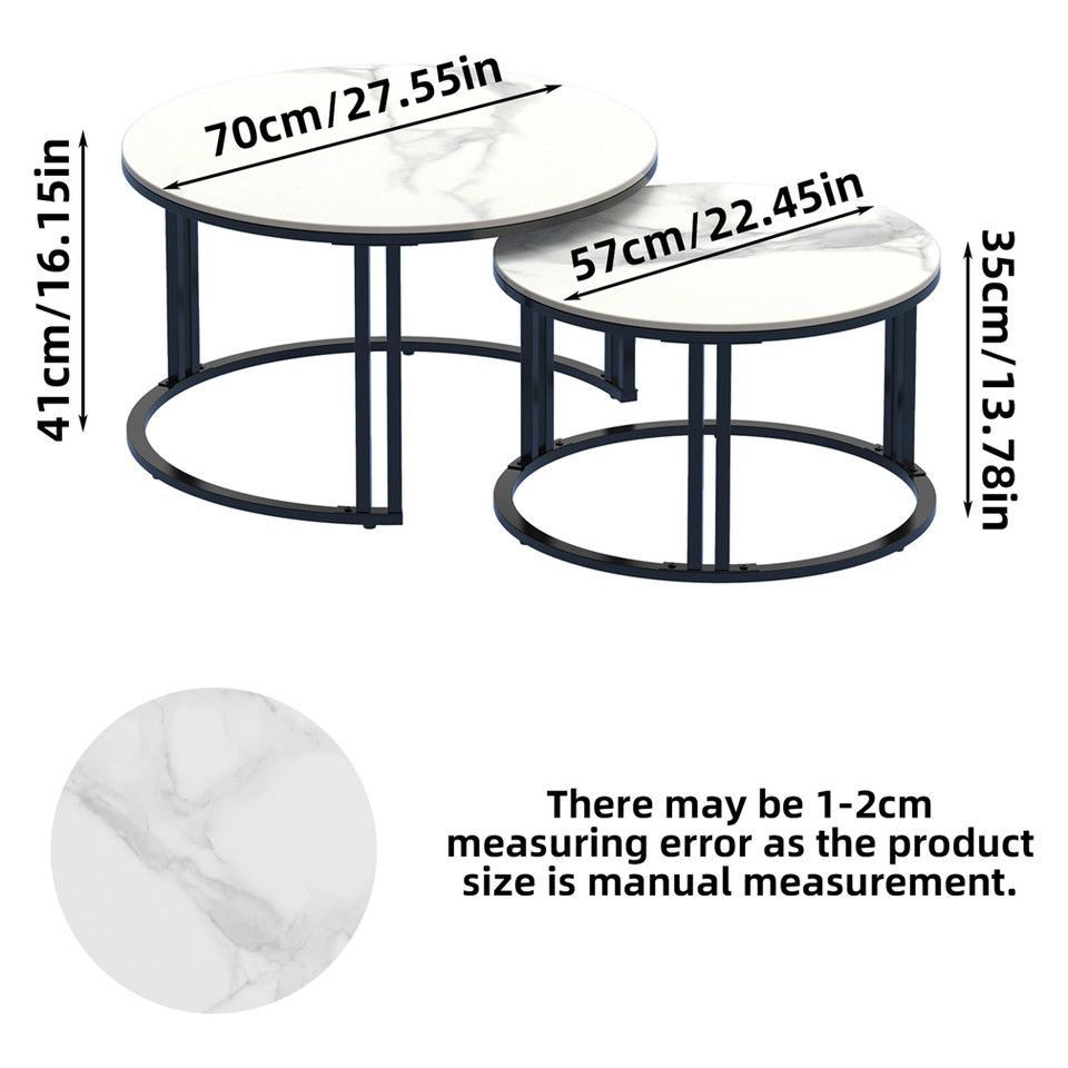 Round Nesting Coffee Table Set Sintered Stone Top Black Metal Frame