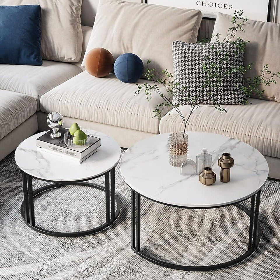 Round Nesting Coffee Table Set Sintered Stone Top Black Metal Frame