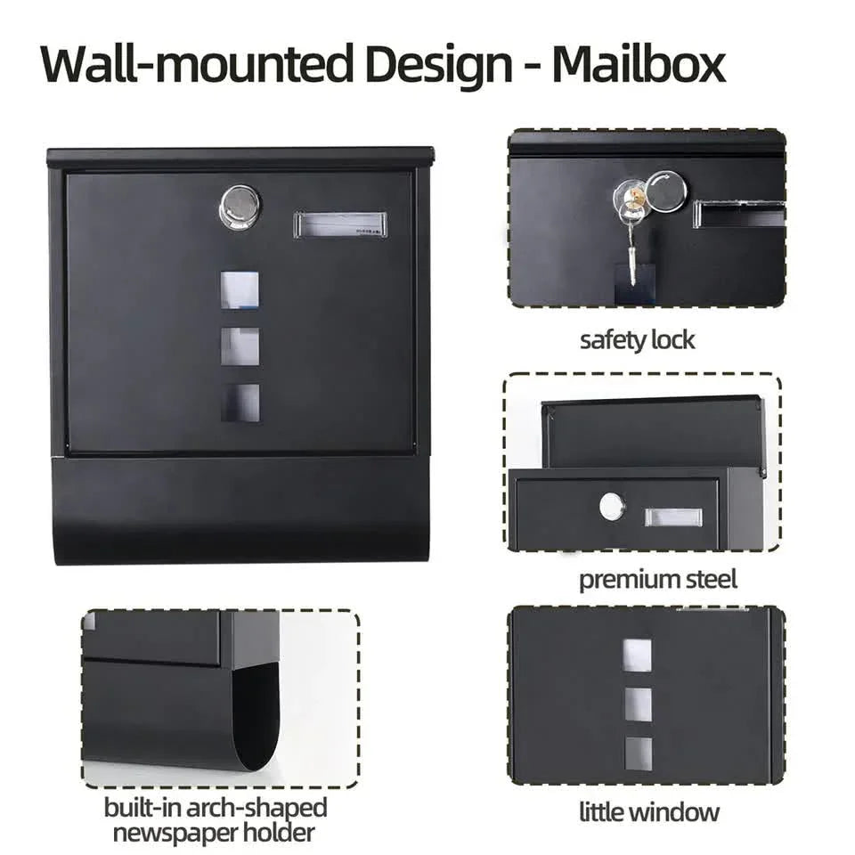 Lockable Mailbox Wall Mounted Mail Letter Post Box with Newspaper Holder Rack