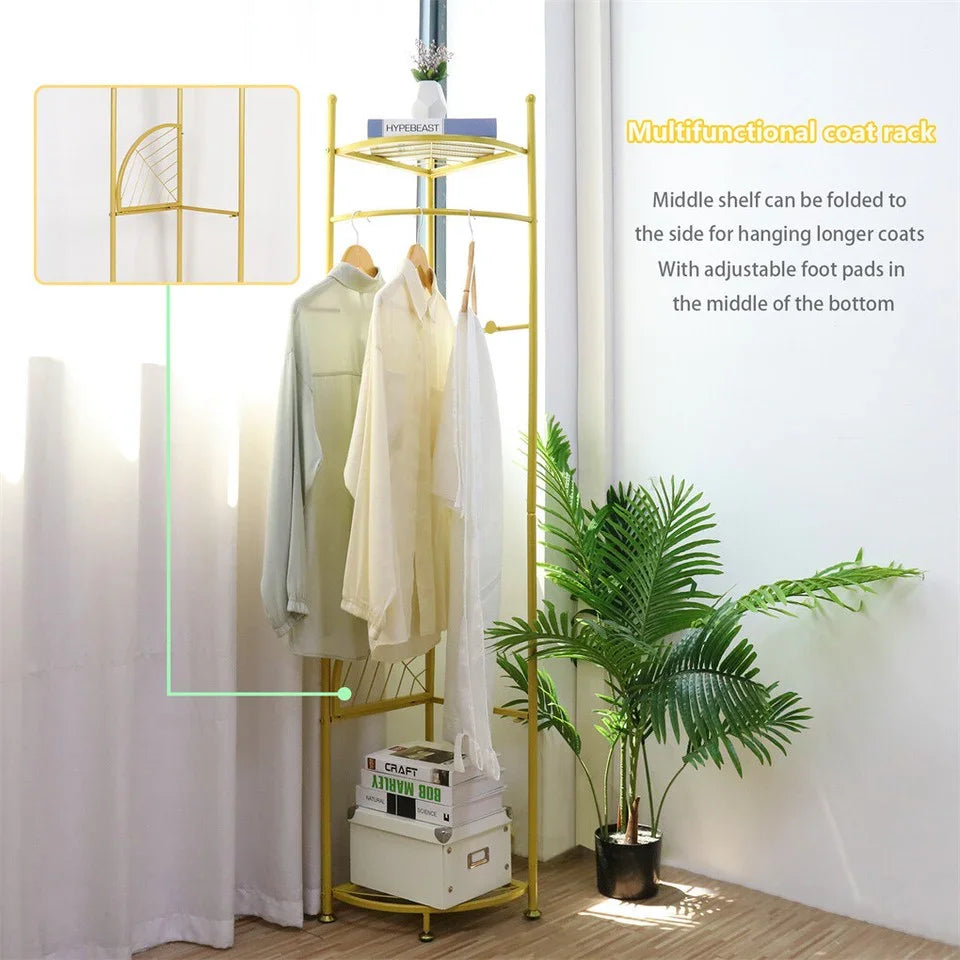 Fin Heavy Duty Clothes Stand Space-Saving Corner Coat Hat Shoes Rack Bedroom