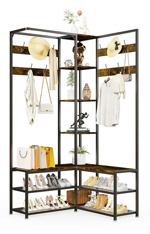 Xxl Corner Coat Stand Widen Depth Bench Shoe Rack Storage Shelves 10 Dual Hooks