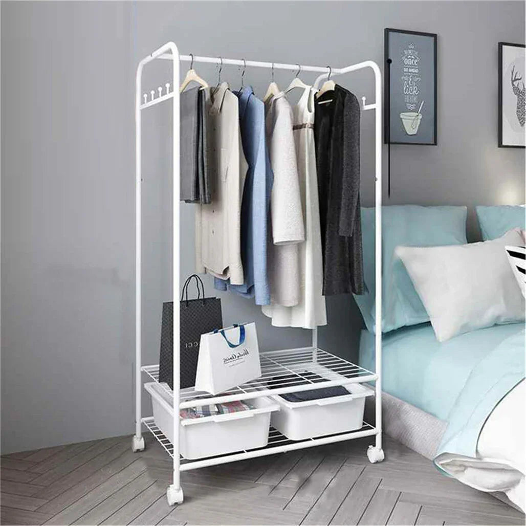 2Tier Rolling Free-Standing Clothing Garment Rack Closet Organizer Open Wardrobe