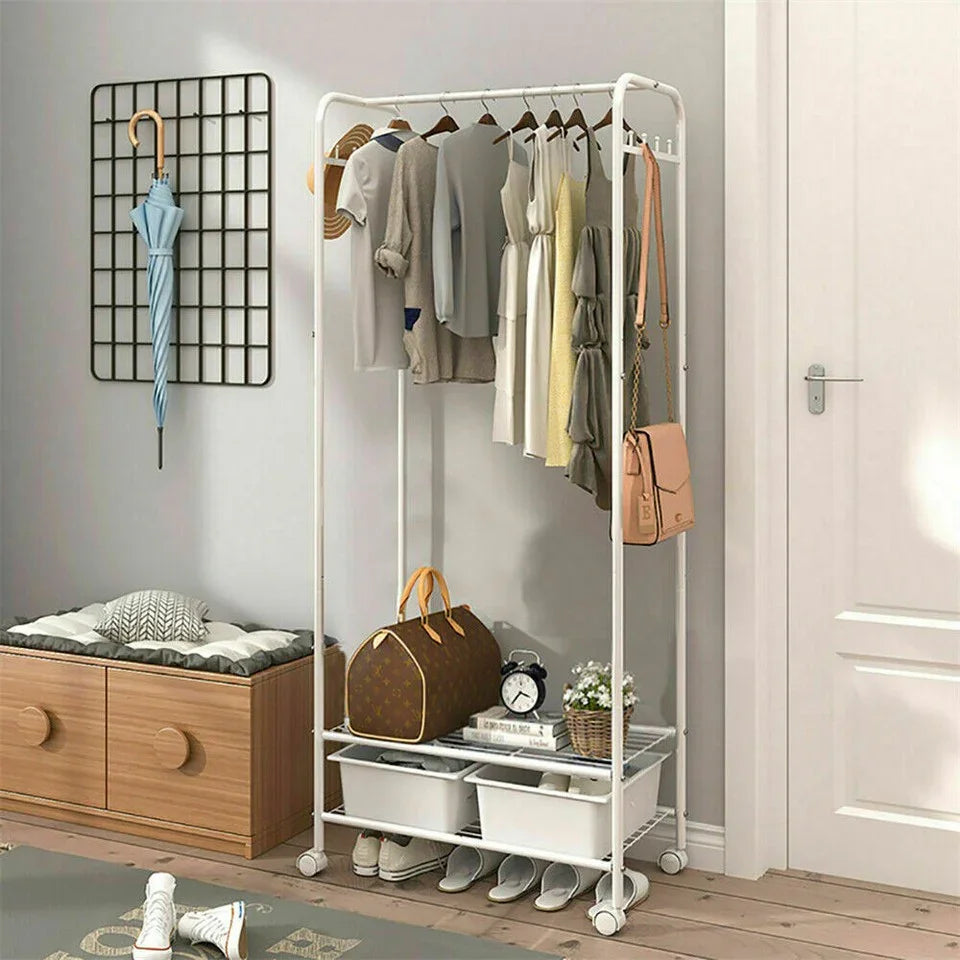 2Tier Rolling Free-Standing Clothing Garment Rack Closet Organizer Open Wardrobe