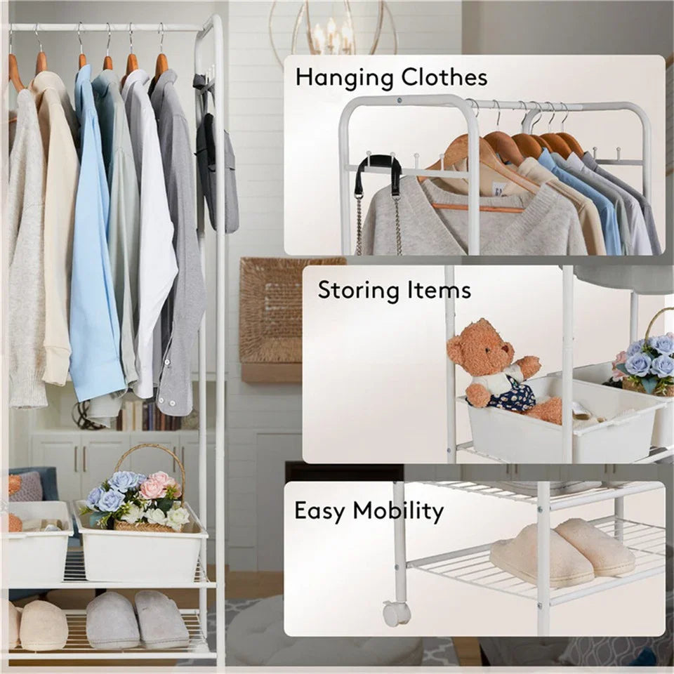 2Tier Rolling Free-Standing Clothing Garment Rack Closet Organizer Open Wardrobe