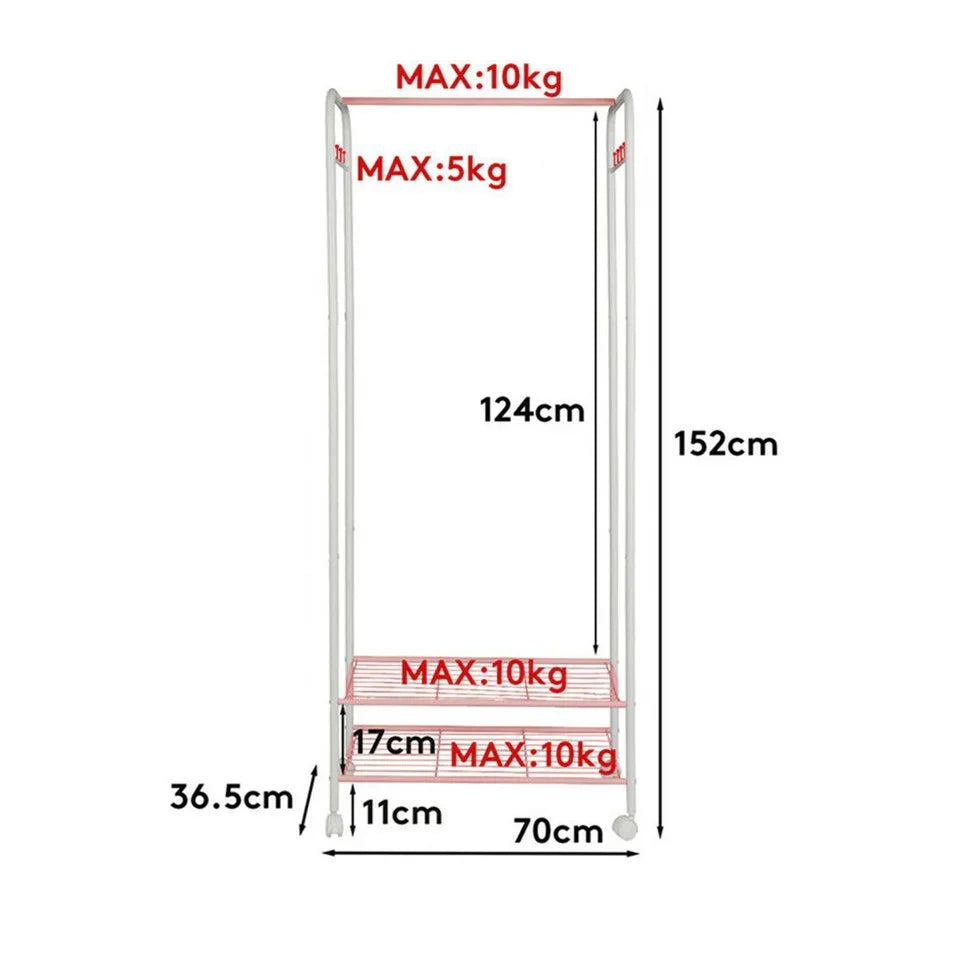 2Tier Rolling Free-Standing Clothing Garment Rack Closet Organizer Open Wardrobe