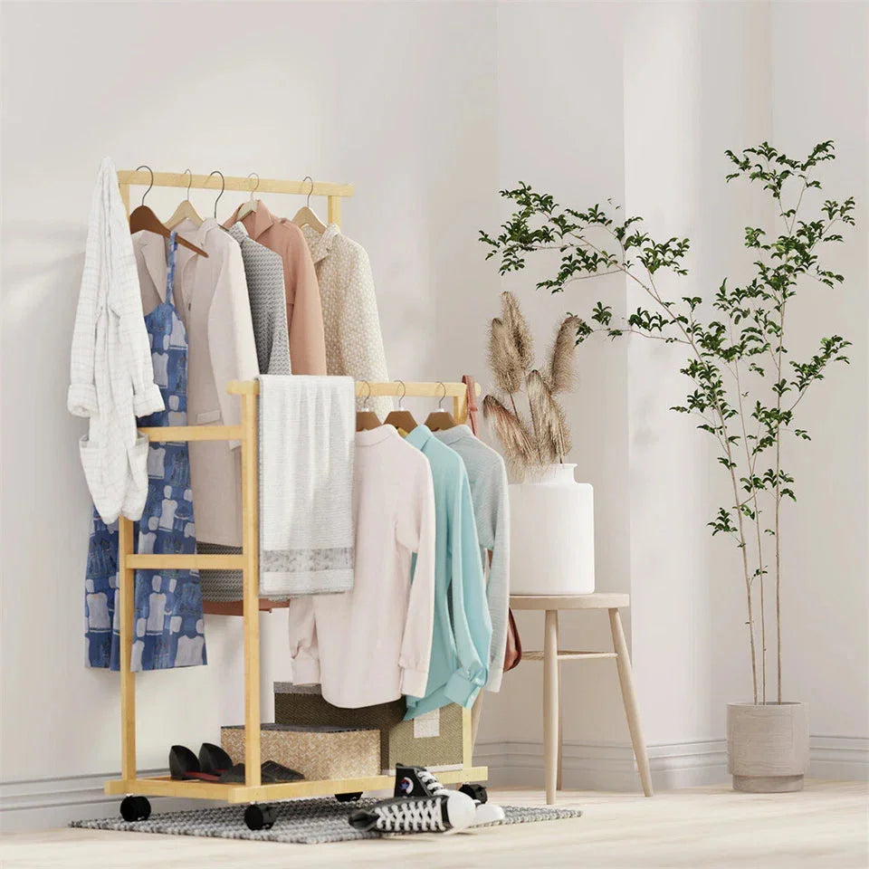 Portable Rolling Bamboo Clothes Rack for Kids with Hanging Rail
