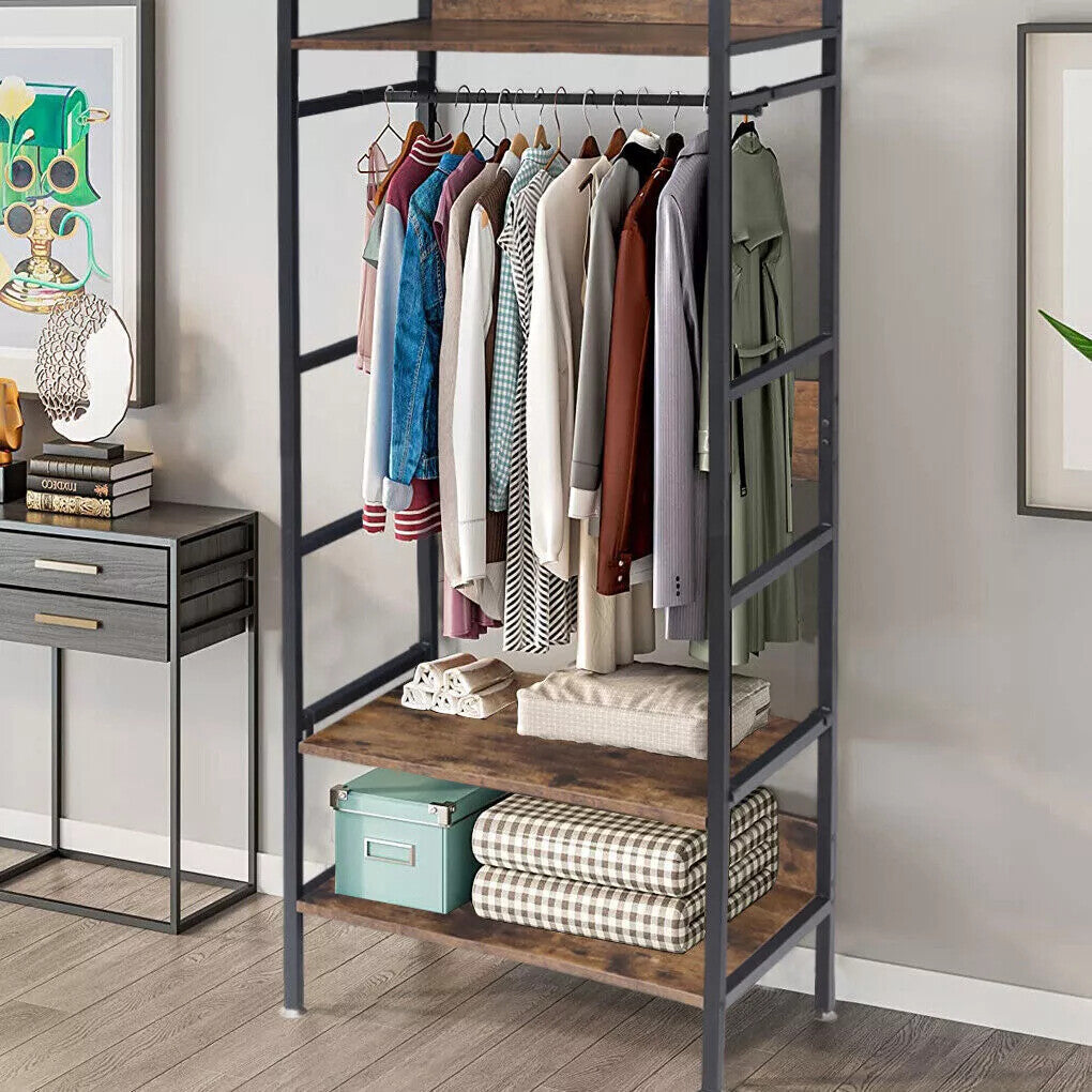 Rustic Wooden Clothes Garment Rail Open Hanging Display Shelf Shoe Rack Entryway
