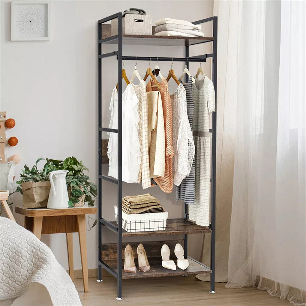 Rustic Wooden Clothes Garment Rail Open Hanging Display Shelf Shoe Rack Entryway