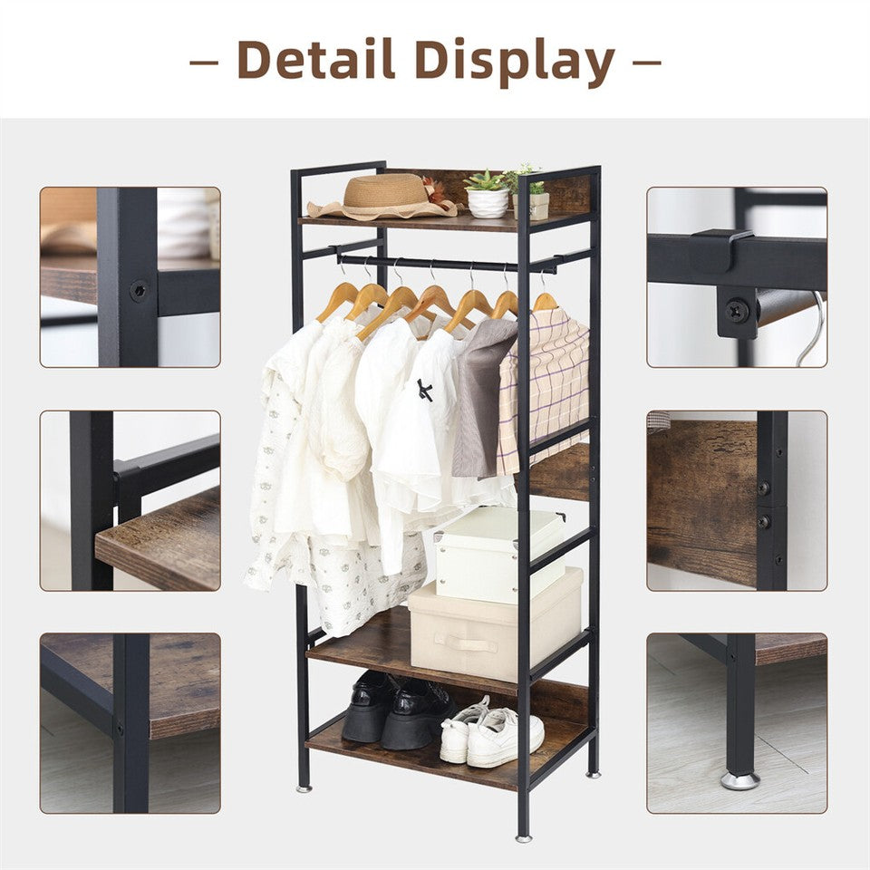 Rustic Wooden Clothes Garment Rail Open Hanging Display Shelf Shoe Rack Entryway