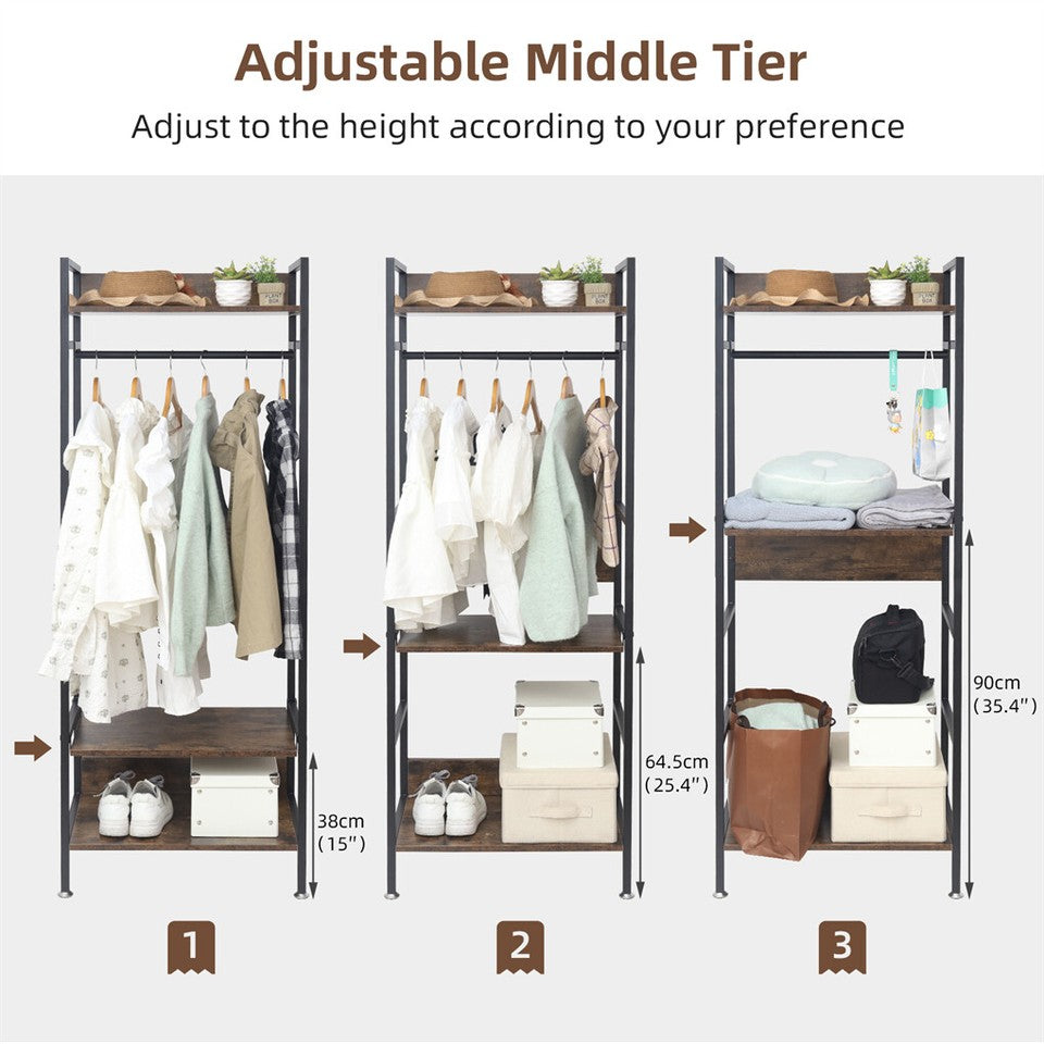 Rustic Wooden Clothes Garment Rail Open Hanging Display Shelf Shoe Rack Entryway