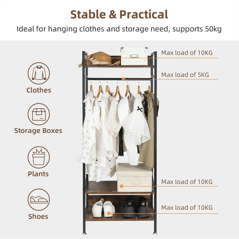 Rustic Wooden Clothes Garment Rail Open Hanging Display Shelf Shoe Rack Entryway